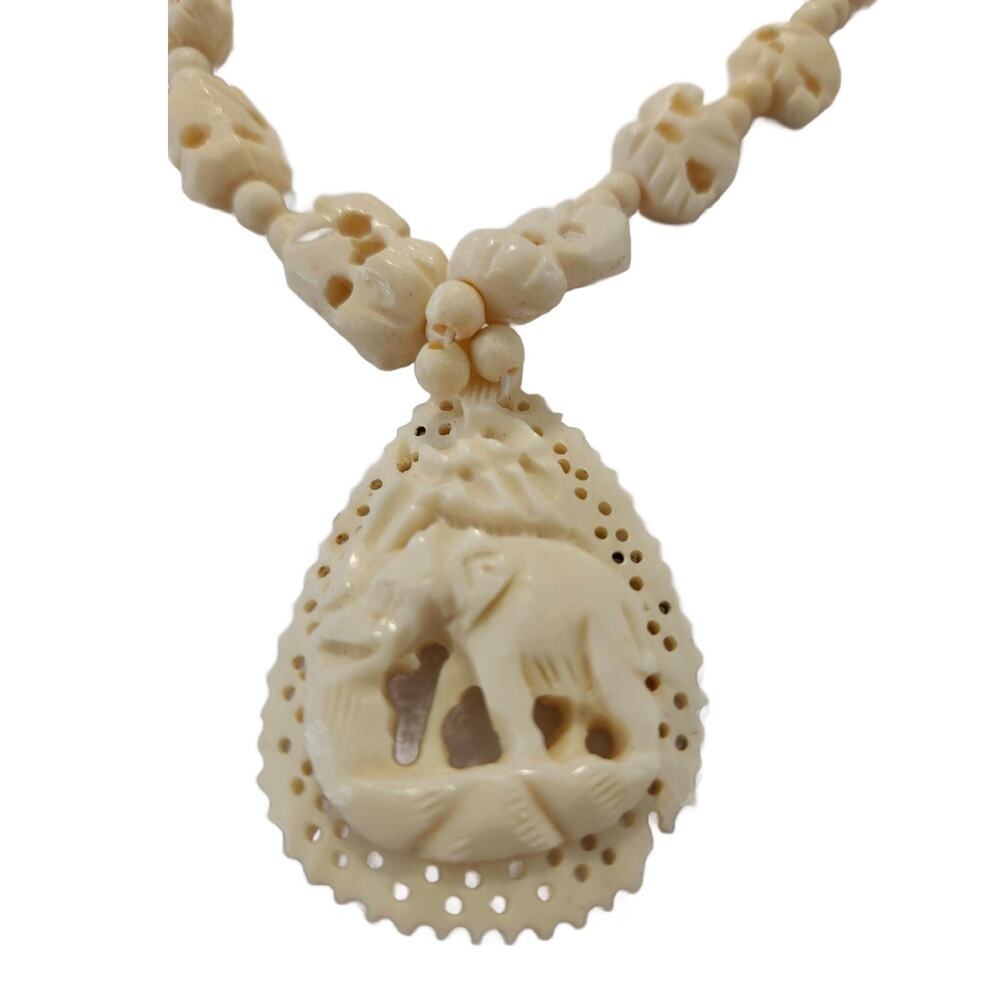 Vintage Carved Celluloid Elephant Pendant Necklace, 1960s